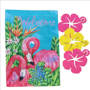 Flamingo Welcome Garden Flag With Floral Accents EUC/NWOT